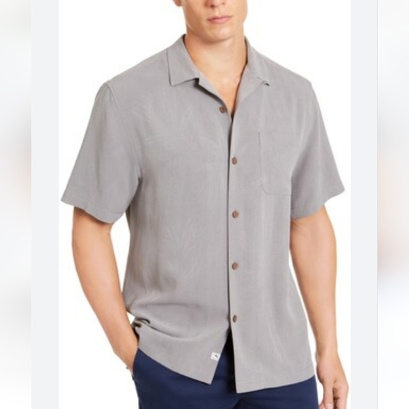 Tommy Bahama Big and Tall 1XB Gray Herringbone Stripe 100% Silk Camp Shirt NWOT - Picture 1 of 13